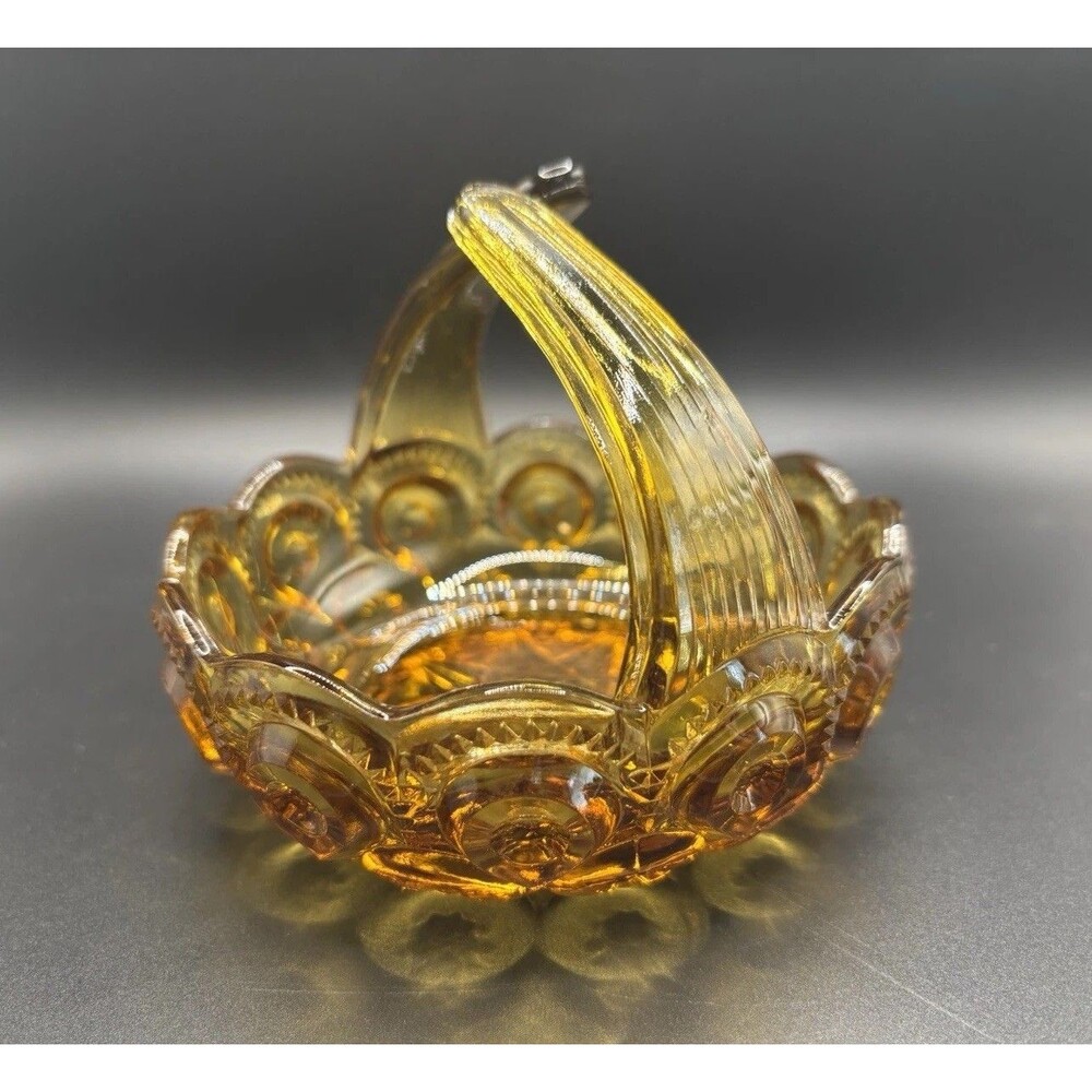 MOON & STARS L.E. Smith Amber Split Handle VTG Candy / Trinket Dish 5”